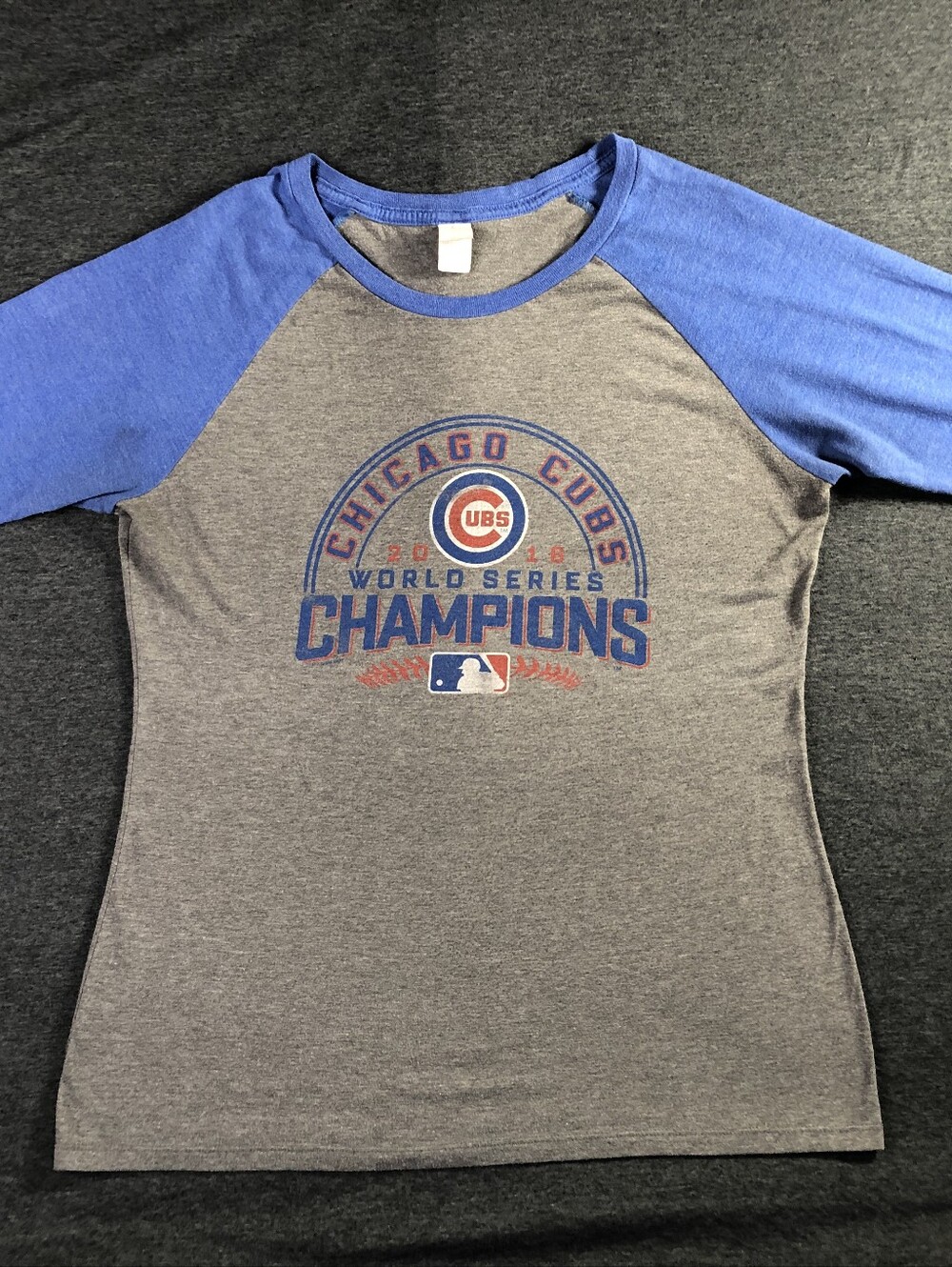Chicago Cubs 2016 World Series Championship 3/4 Sleeve Raglan Tee Gray & Blue